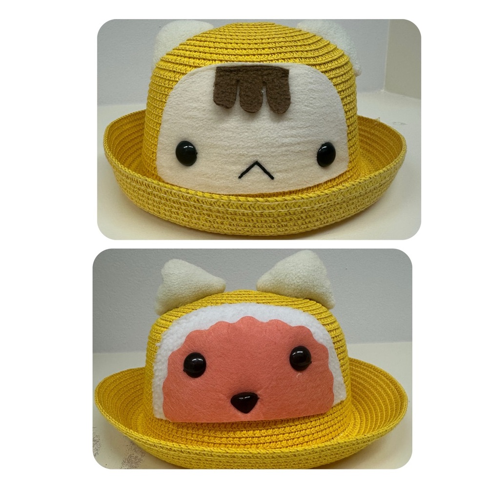 Kids 2in1 bundle 7” Yellow Straw Sun Hats Animal Ears Face Ages 3-7 Kawai Summer